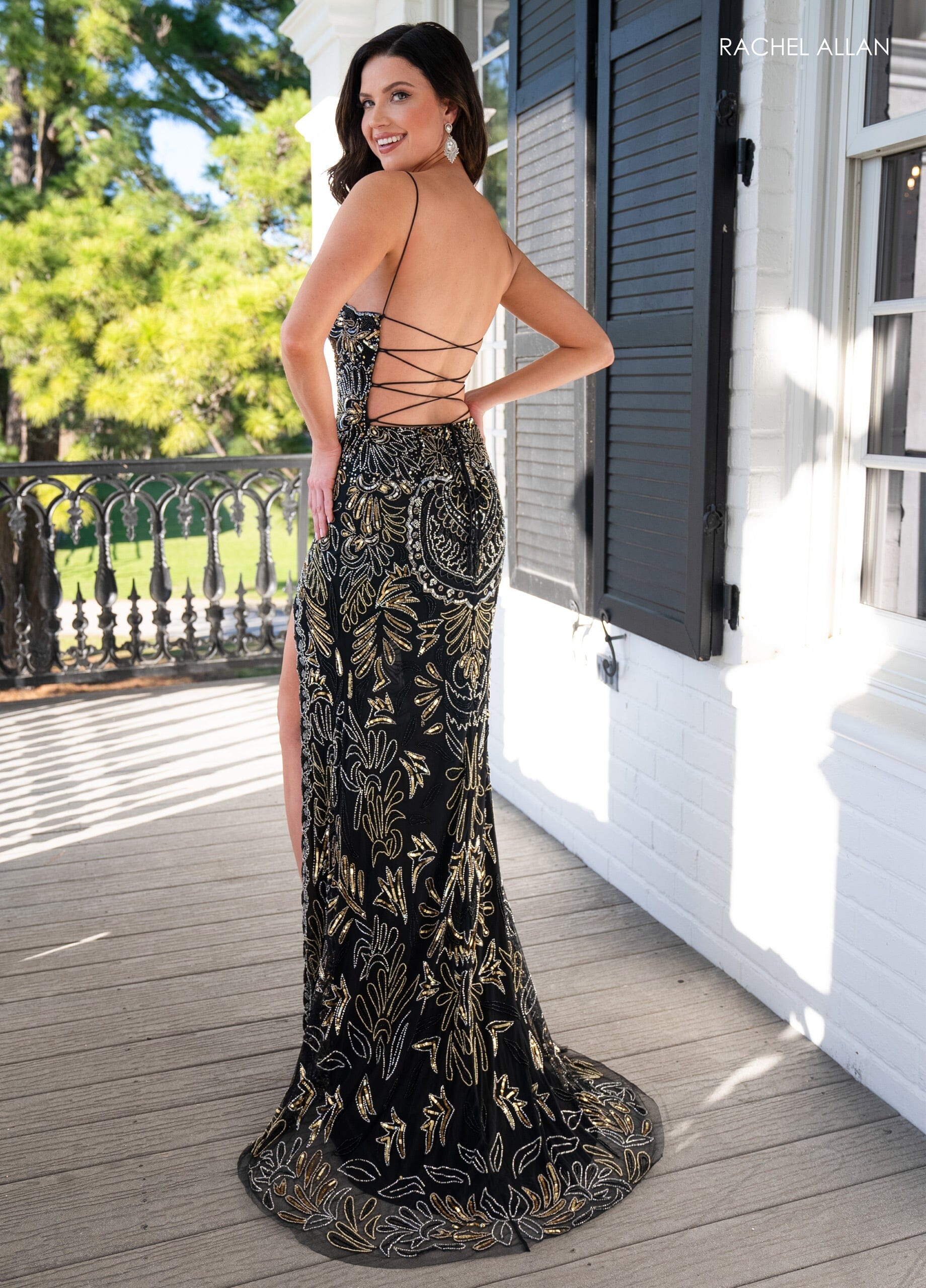Rachel Allan 70002 Bead Print Sleeveless Slit Gown