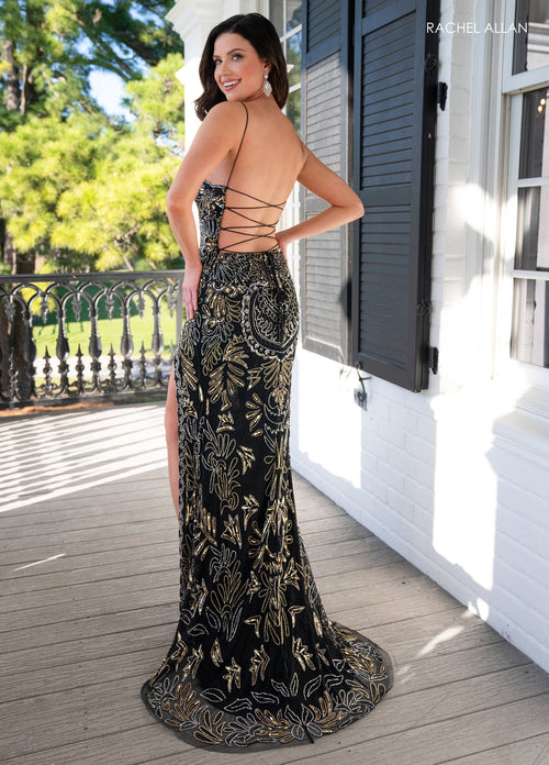 Rachel Allan 70002 Bead Print Sleeveless Slit Gown
