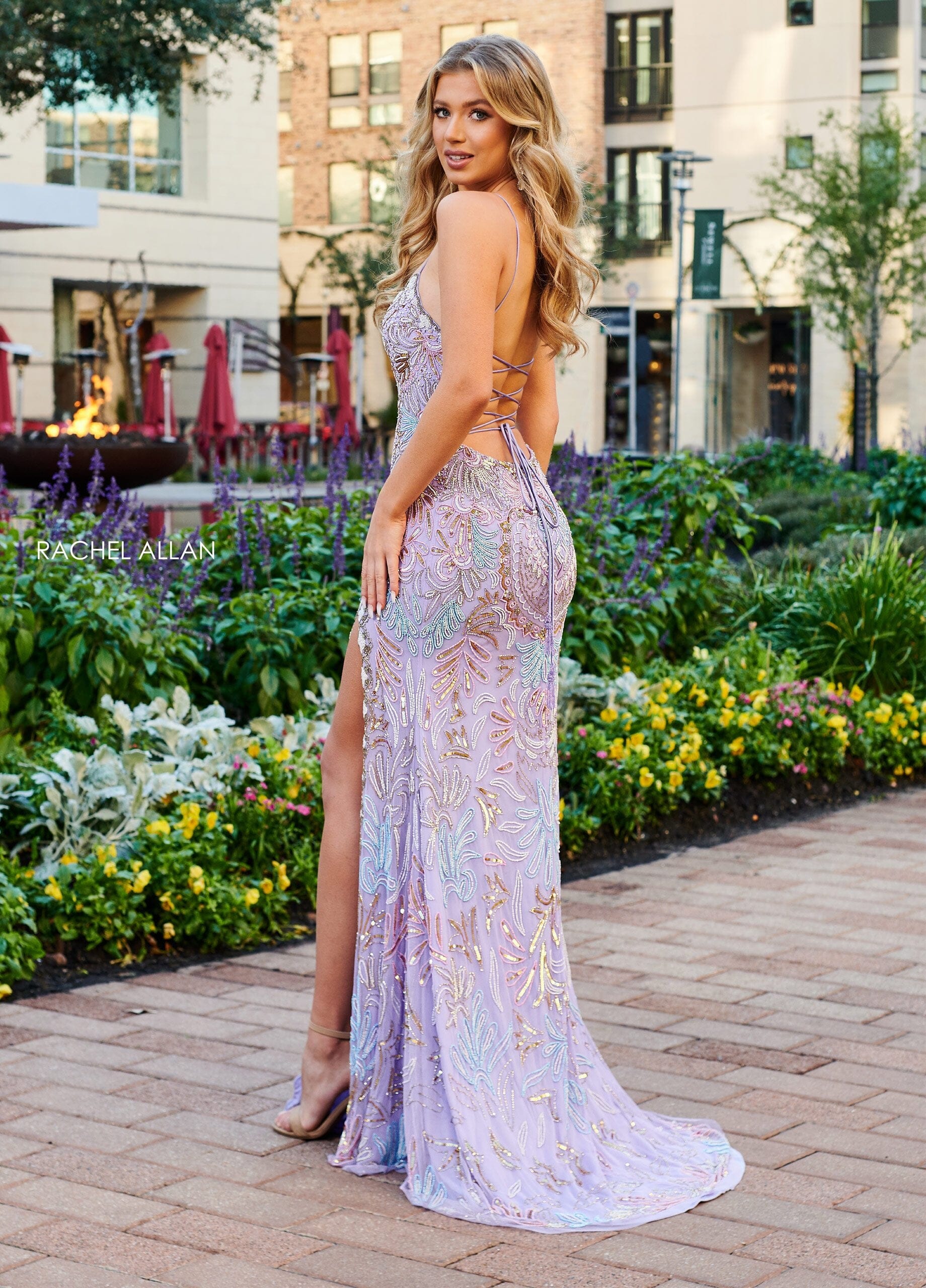 Rachel Allan 70002 Bead Print Sleeveless Slit Gown