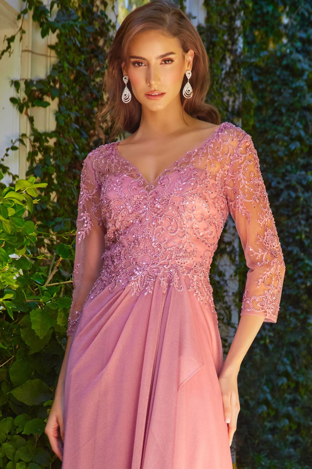 Beaded 3/4 Sleeve A-line Gown by Elizabeth K GL3574 - Long Formal Dresses