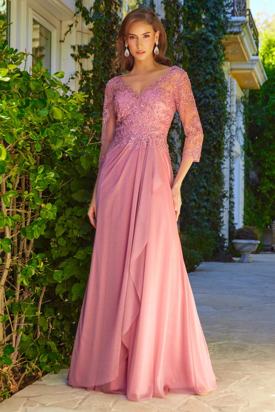 Beaded 3/4 Sleeve A-line Gown by Elizabeth K GL3574 - Long Formal Dresses