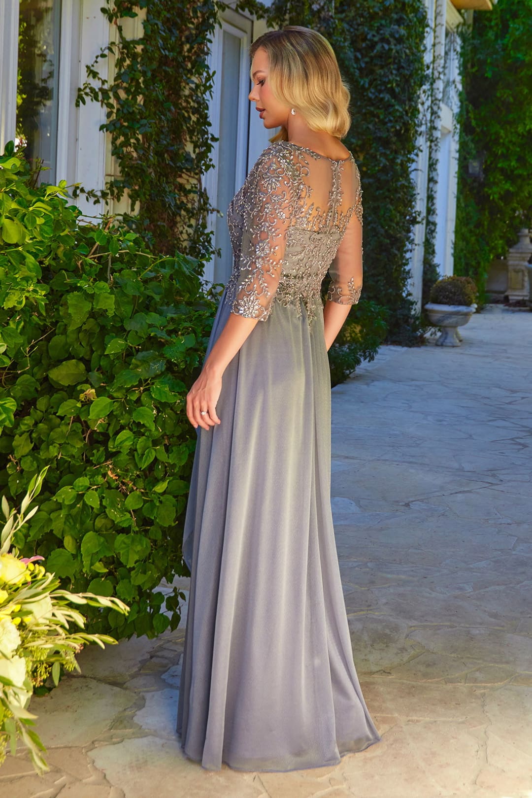 Beaded 3/4 Sleeve A-line Gown by Elizabeth K GL3574 - Long Formal Dresses