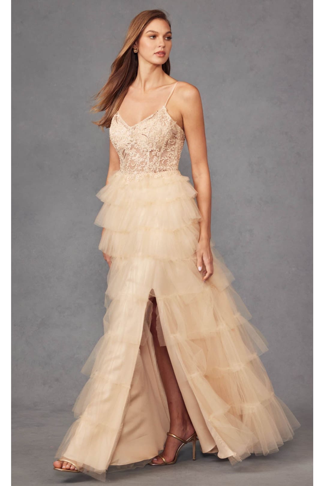 Beaded Applique Tiered Prom Gown by Juliet JT2451S - Dress
