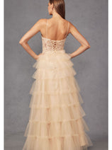 Beaded Applique Tiered Prom Gown by Juliet JT2451S