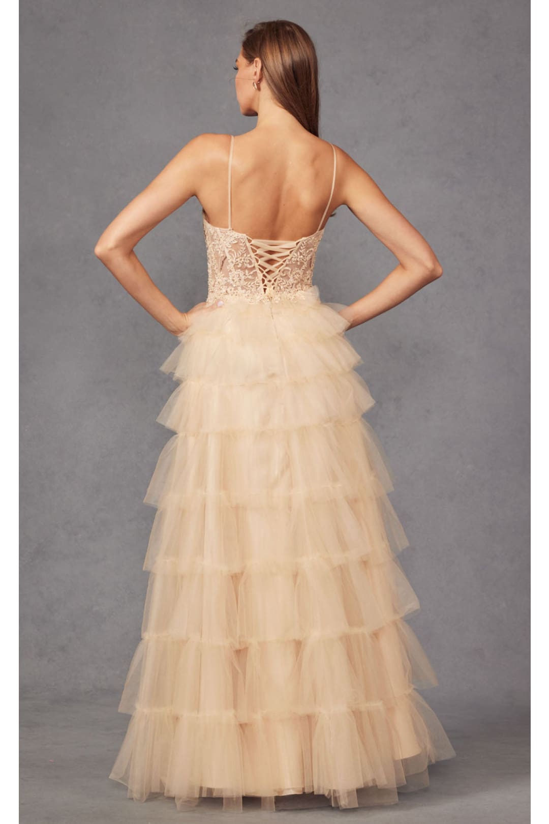 Beaded Applique Tiered Prom Gown by Juliet JT2451S - Dress