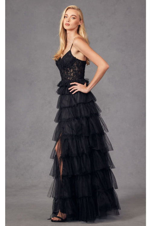 Beaded Applique Tiered Prom Gown by Juliet JT2451S - Dress