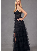 Beaded Applique Tiered Prom Gown by Juliet JT2451S