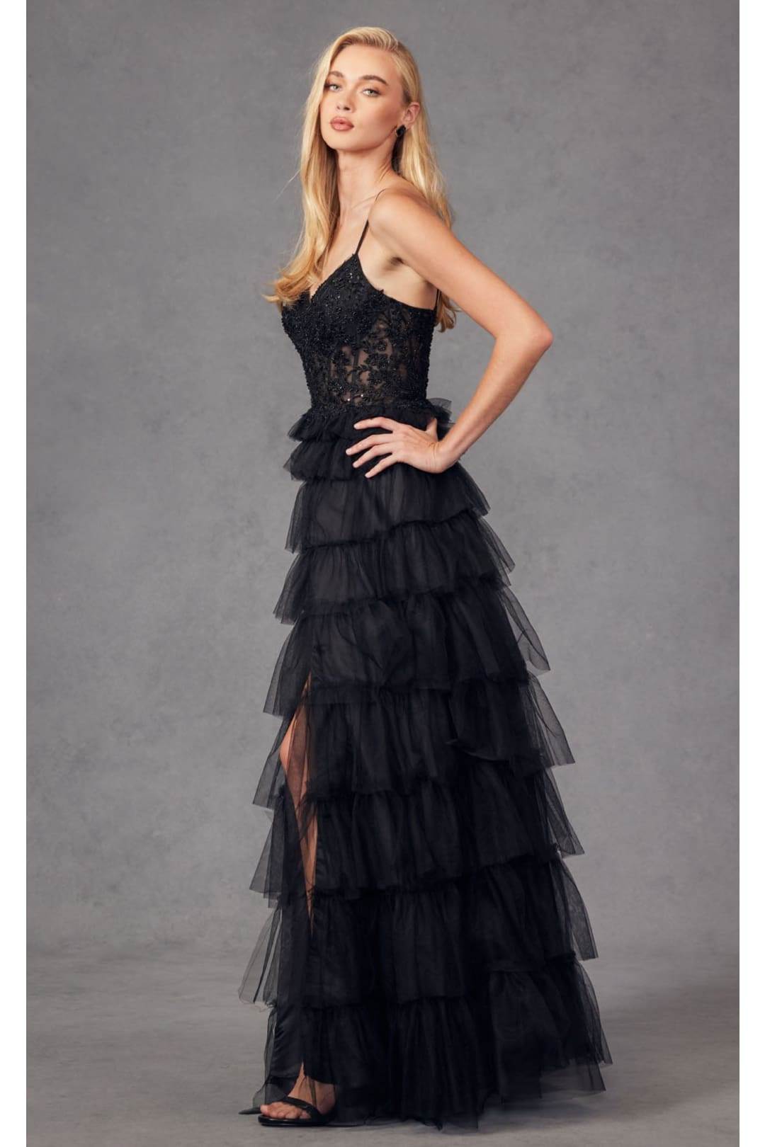 Beaded Applique Tiered Prom Gown by Juliet JT2451S - Dress