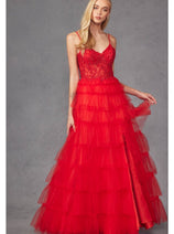 Beaded Applique Tiered Prom Gown by Juliet JT2451S