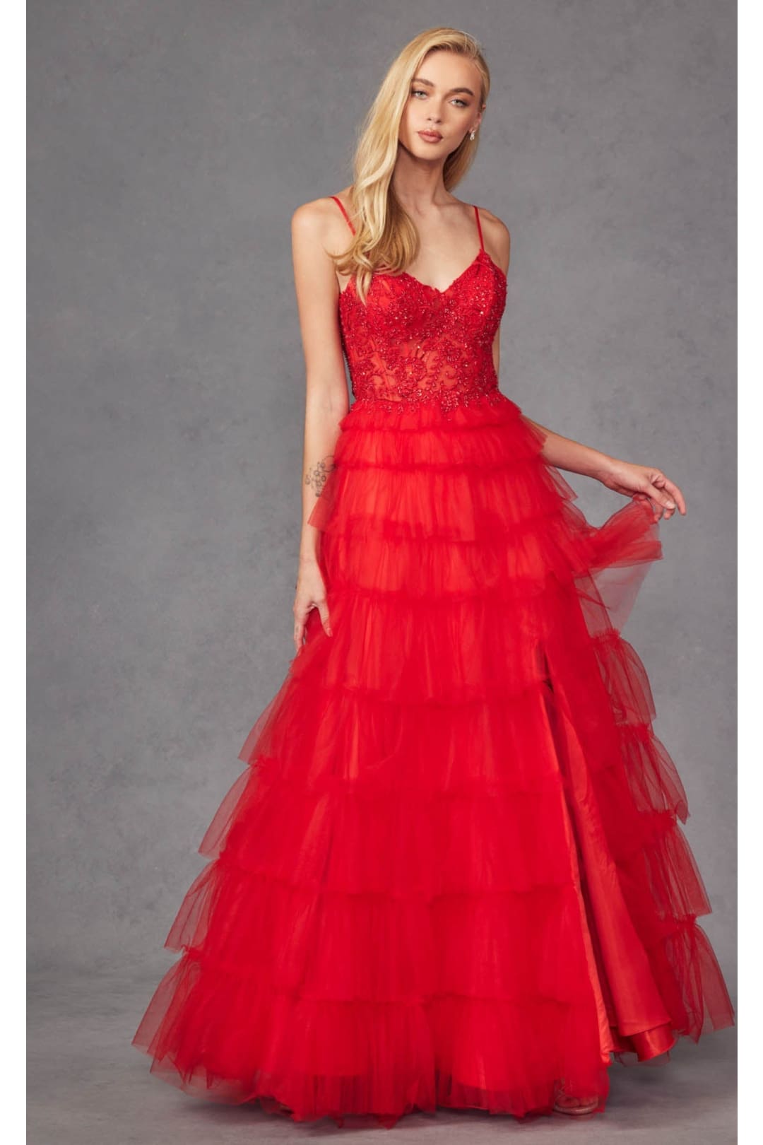 Beaded Applique Tiered Prom Gown by Juliet JT2451S - Dress