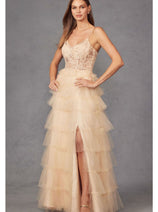 Beaded Applique Tiered Prom Gown by Juliet JT2451S