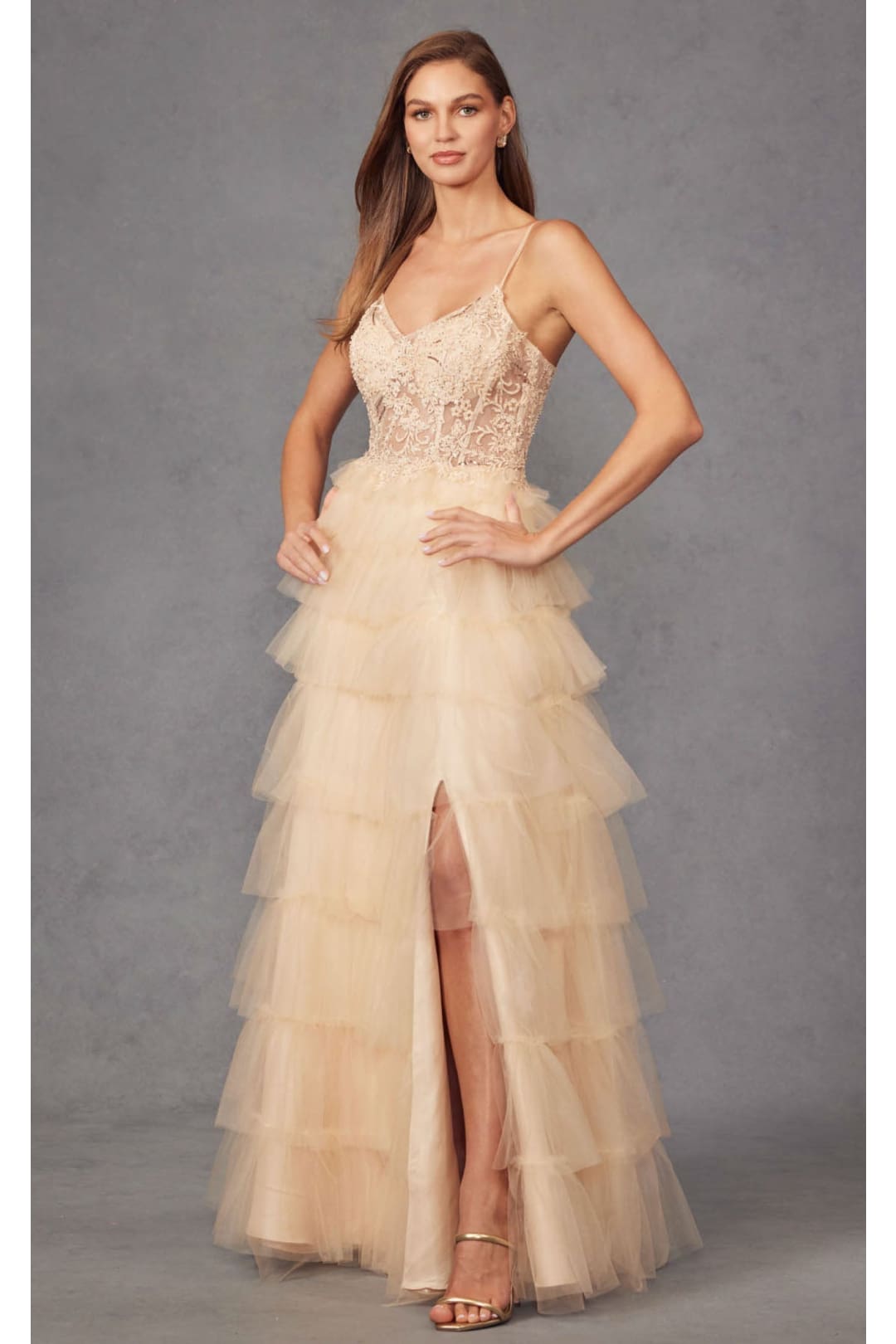 Beaded Applique Tiered Prom Gown by Juliet JT2451S - Dress