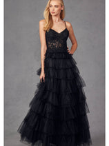 Beaded Applique Tiered Prom Gown by Juliet JT2451S