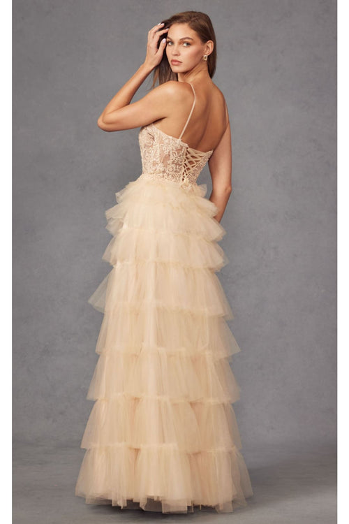 Beaded Applique Tiered Prom Gown by Juliet JT2451S - Dress