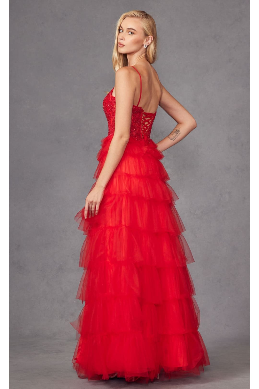 Beaded Applique Tiered Prom Gown by Juliet JT2451S - Dress