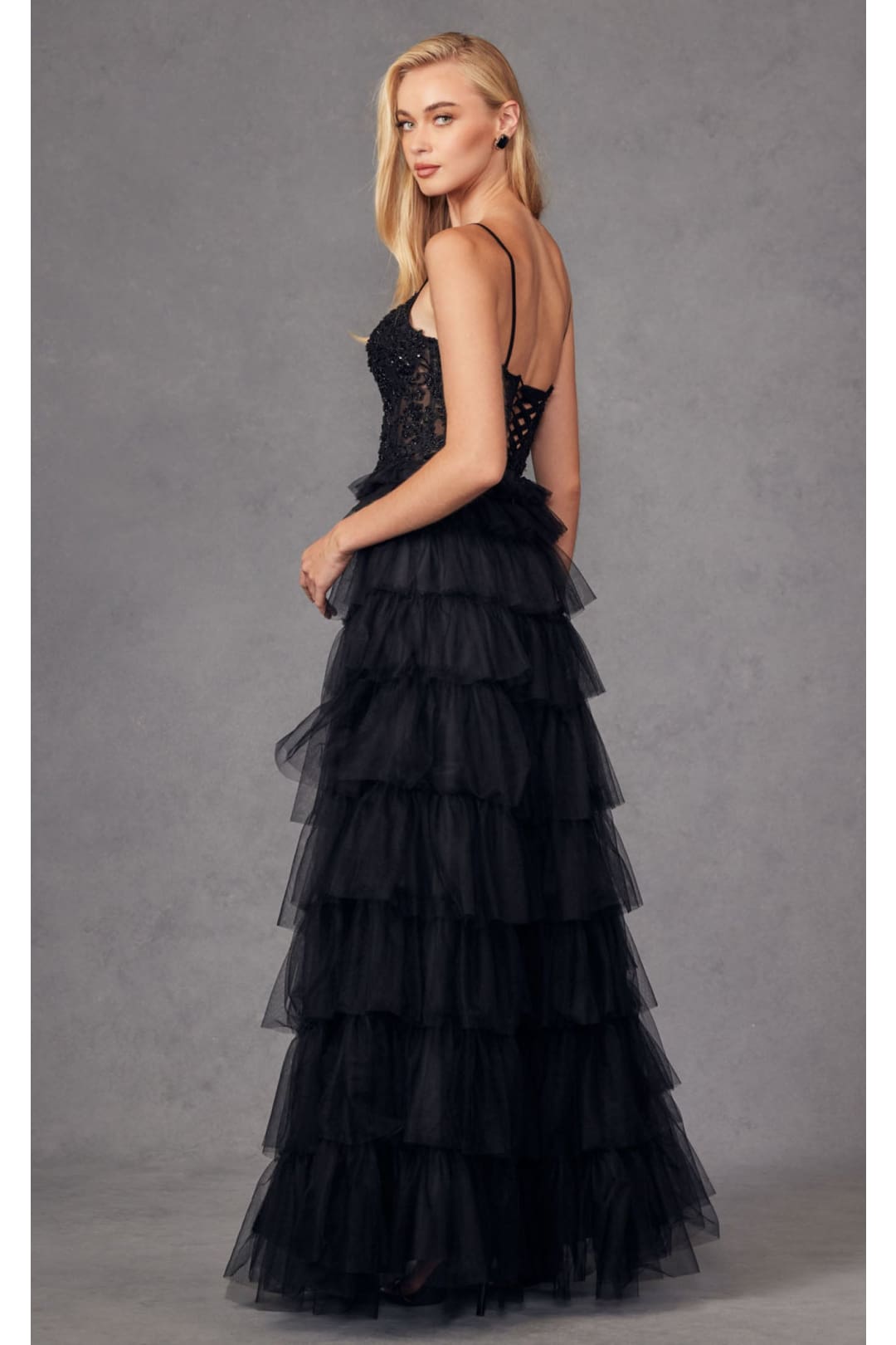 Beaded Applique Tiered Prom Gown by Juliet JT2451S - Dress