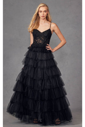 Beaded Applique Tiered Prom Gown by Juliet JT2451S
