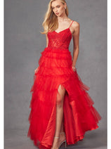 Beaded Applique Tiered Prom Gown by Juliet JT2451S