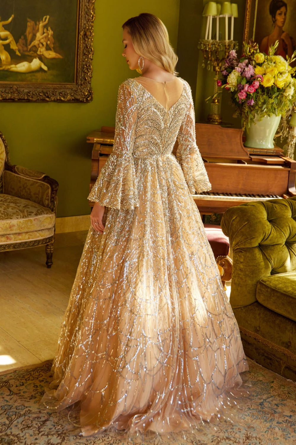 formal dresses with bell sleeves Beaded Sleeve A-line Gown by GLS Gloria GL3582-New Collection Backless maxi dress *