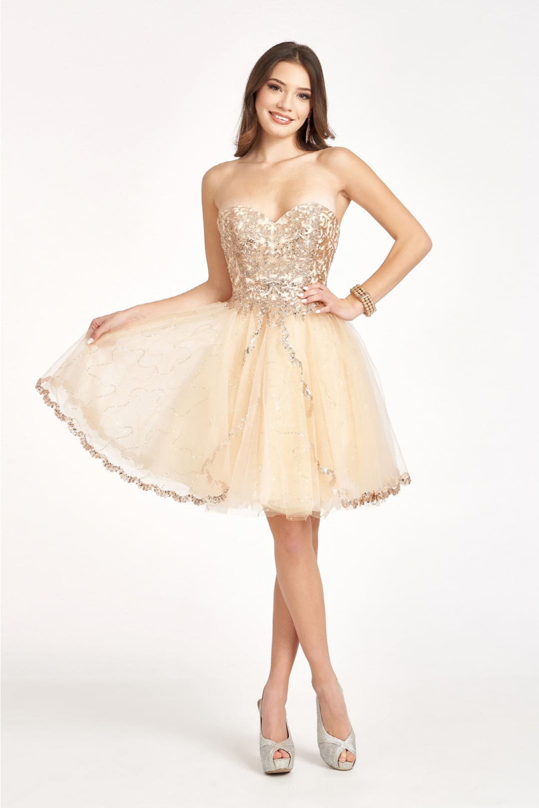 Beaded Bodice Short Strapless Dress by Elizabeth K GS1980 - XS / Champagne - Short Cocktail Dresses