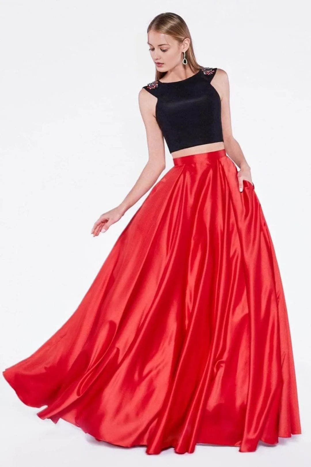 Beaded Cap Sleeve Ballgown 2025 Elegant Formal Dress - Black/Red / 2 - Prom