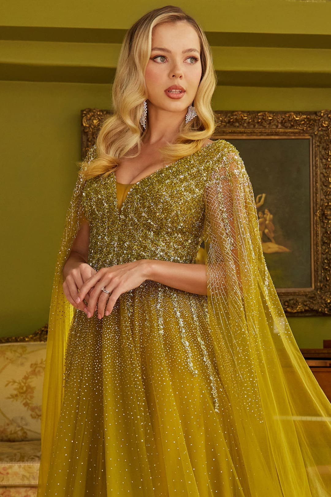 Beaded Cape Sleeve A-line Gown by GLS Gloria GL3606 - Long Formal Dresses
