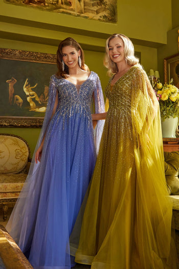 Beaded Cape Sleeve A-line Gown by GLS Gloria GL3606 - Long Formal Dresses