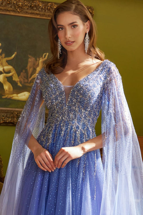Beaded Cape Sleeve A-line Gown by GLS Gloria GL3606 - Long Formal Dresses
