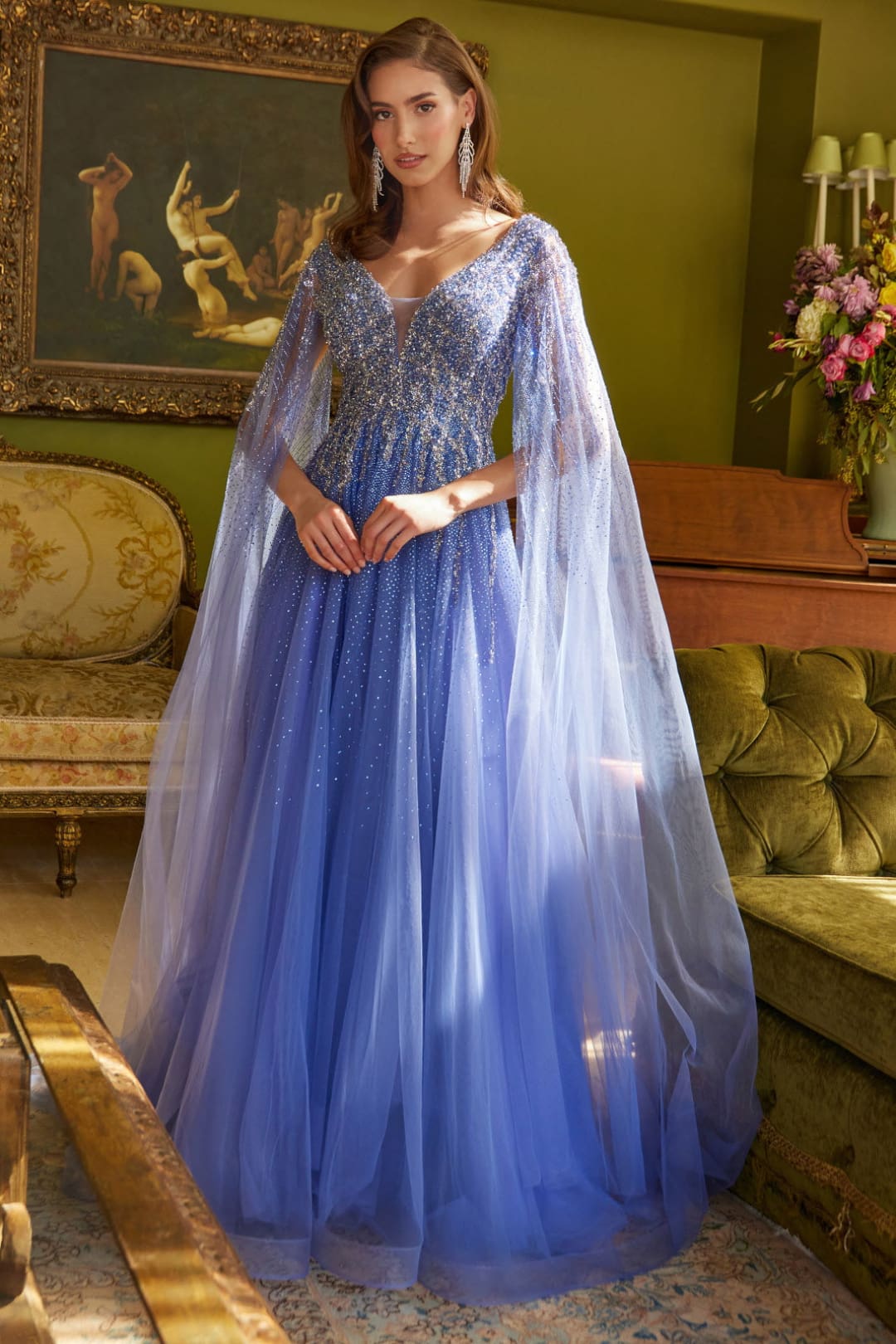 Beaded Cape Sleeve A-line Gown by GLS Gloria GL3606 - S / Lavender Blue - Long Formal Dresses