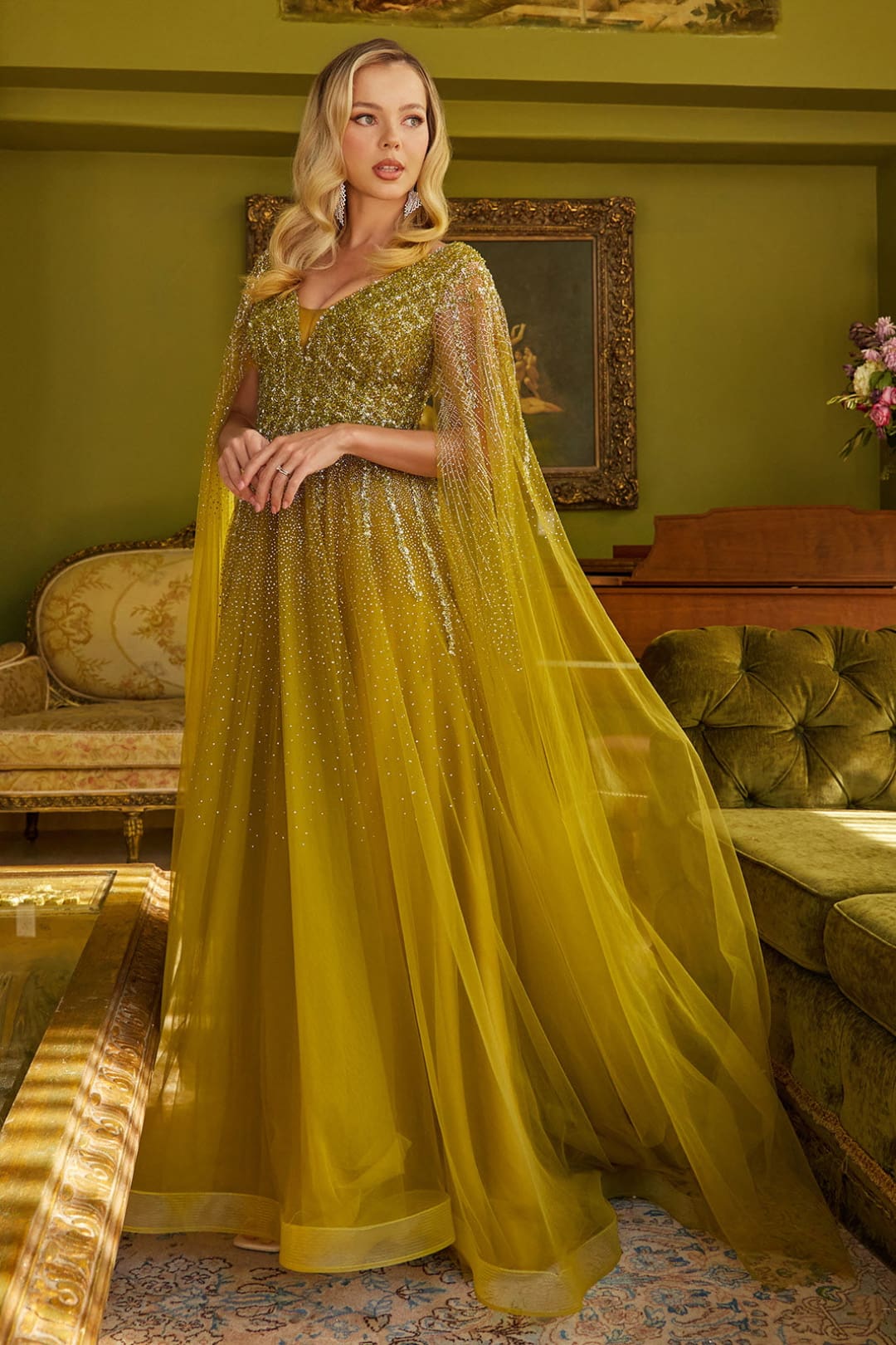 Beaded Cape Sleeve A-line Gown by GLS Gloria GL3606 - S / Olive - Long Formal Dresses