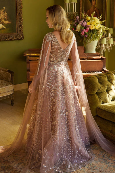 Beaded Cape Sleeve A-line Gown by GLS Gloria GL3607 - Long Formal Dresses