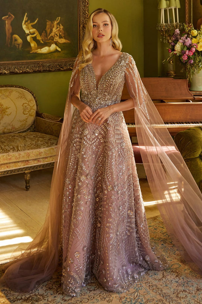 Beaded Cape Sleeve A-line Gown by GLS Gloria GL3607 - S / Mauve - Long Formal Dresses