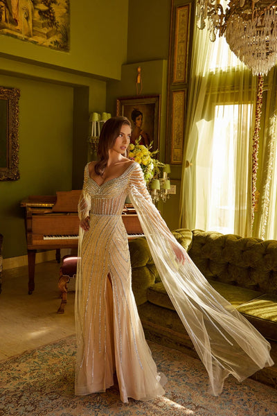 champagne beaded dress Elegant Champagne Sequin and Beaded Evening Gown with V-Neck
