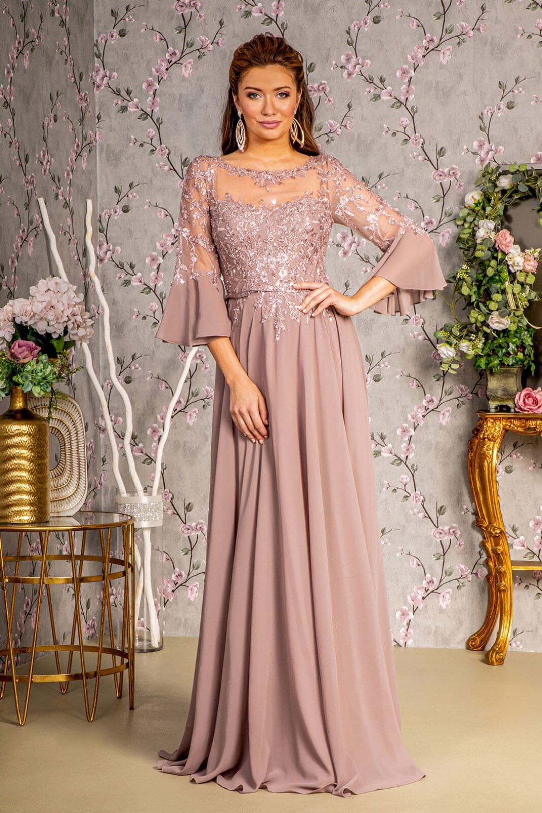 Beaded Chiffon 3/4 Sleeve A-line Gown by GLS Gloria GL3434 - S / Mauve - Long Formal Dresses