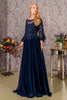 Beaded Chiffon 3/4 Sleeve A-line Gown by GLS Gloria GL3434 - S / Navy - Long Formal Dresses