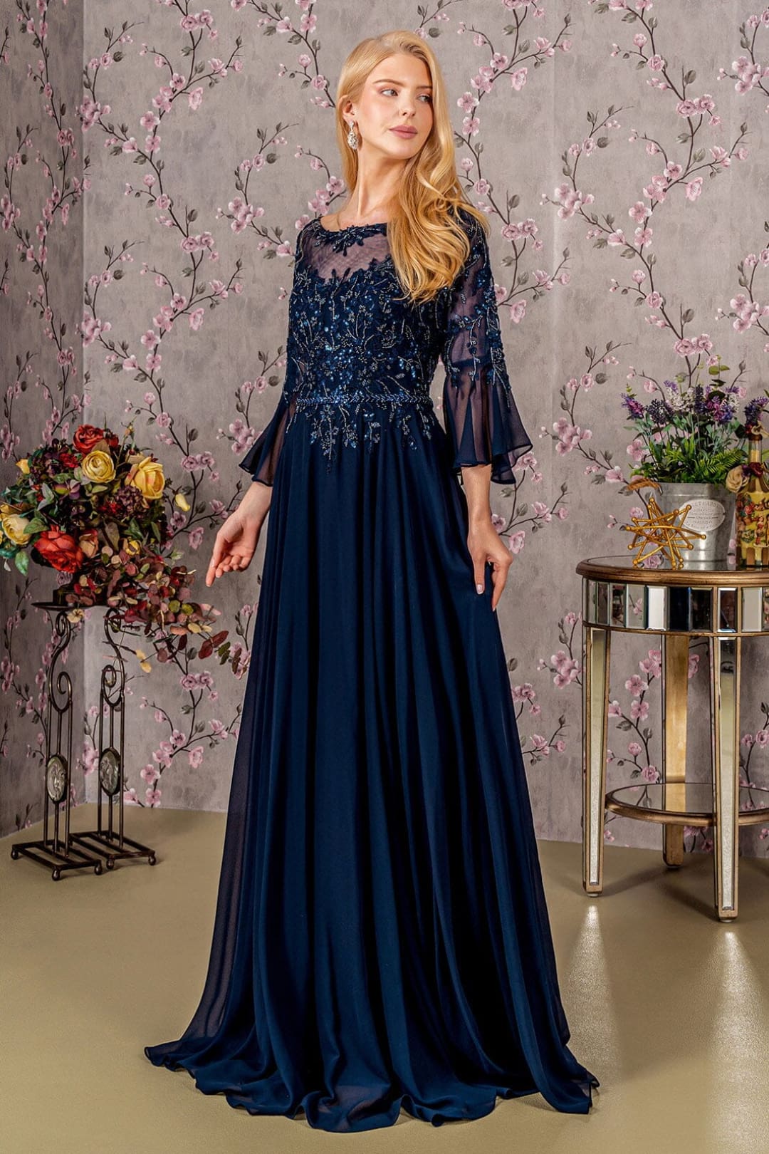 Beaded Chiffon 3/4 Sleeve A-line Gown by GLS Gloria GL3434 Mauve / 4XL
