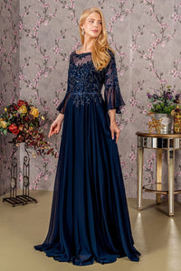 Beaded Chiffon 3/4 Sleeve A-line Gown by GLS Gloria GL3434 - S / Navy - Long Formal Dresses