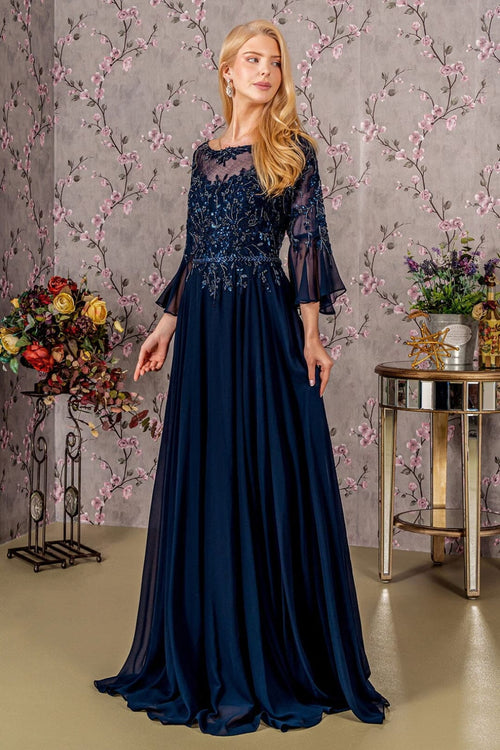 Beaded Chiffon 3/4 Sleeve A-line Gown by GLS Gloria GL3434 - S / Navy - Long Formal Dresses