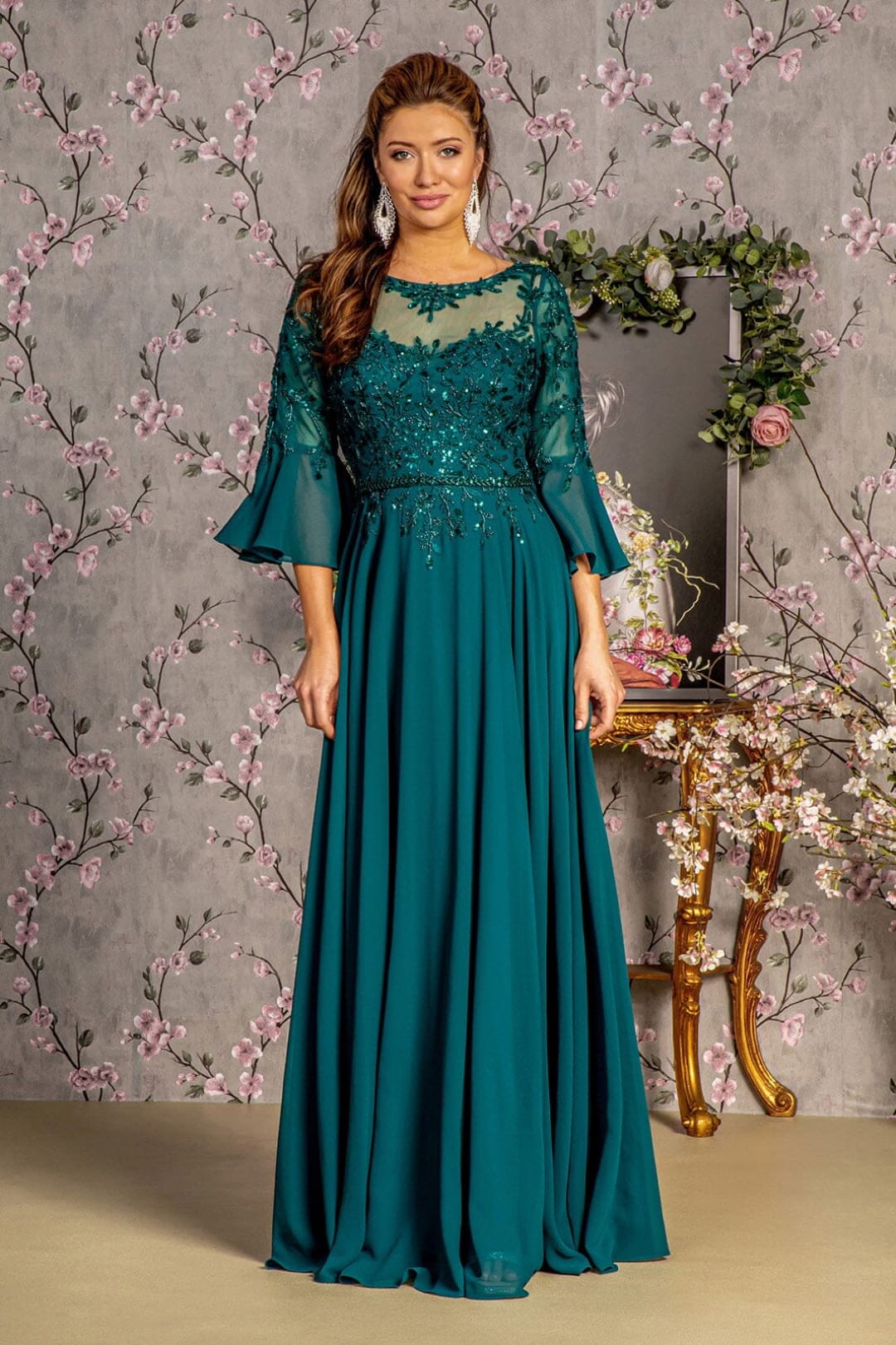 Beaded Chiffon 3/4 Sleeve A-line Gown by GLS Gloria GL3434 - S / Teal - Long Formal Dresses