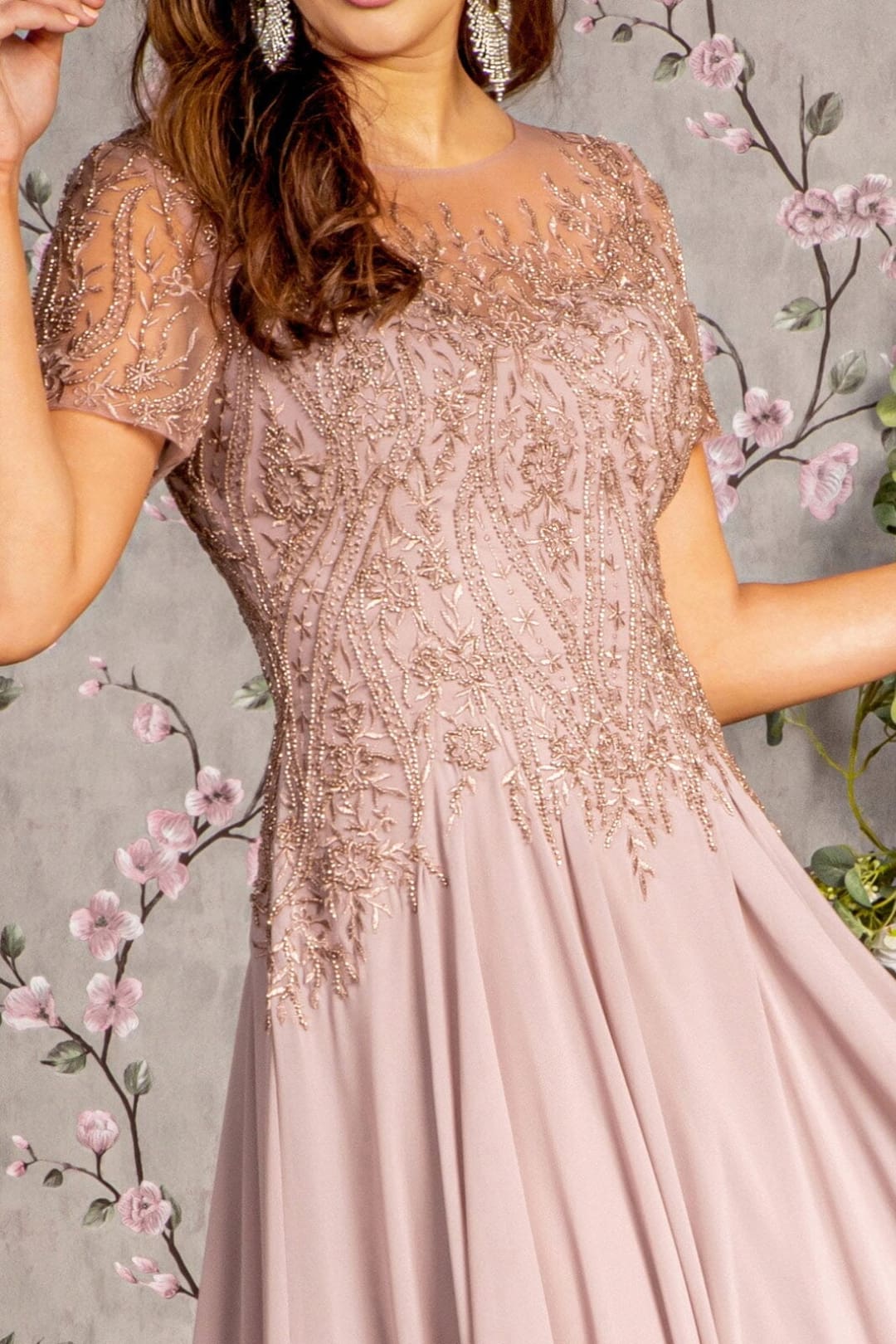 Beaded Chiffon Short Sleeve Gown by GLS Gloria GL3492 - Long Formal Dresses