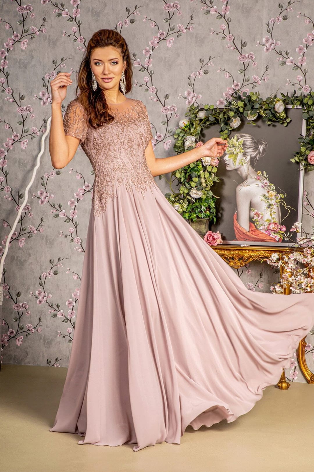 Beaded Chiffon Short Sleeve Gown by GLS Gloria GL3492 - S / Mauve - Long Formal Dresses