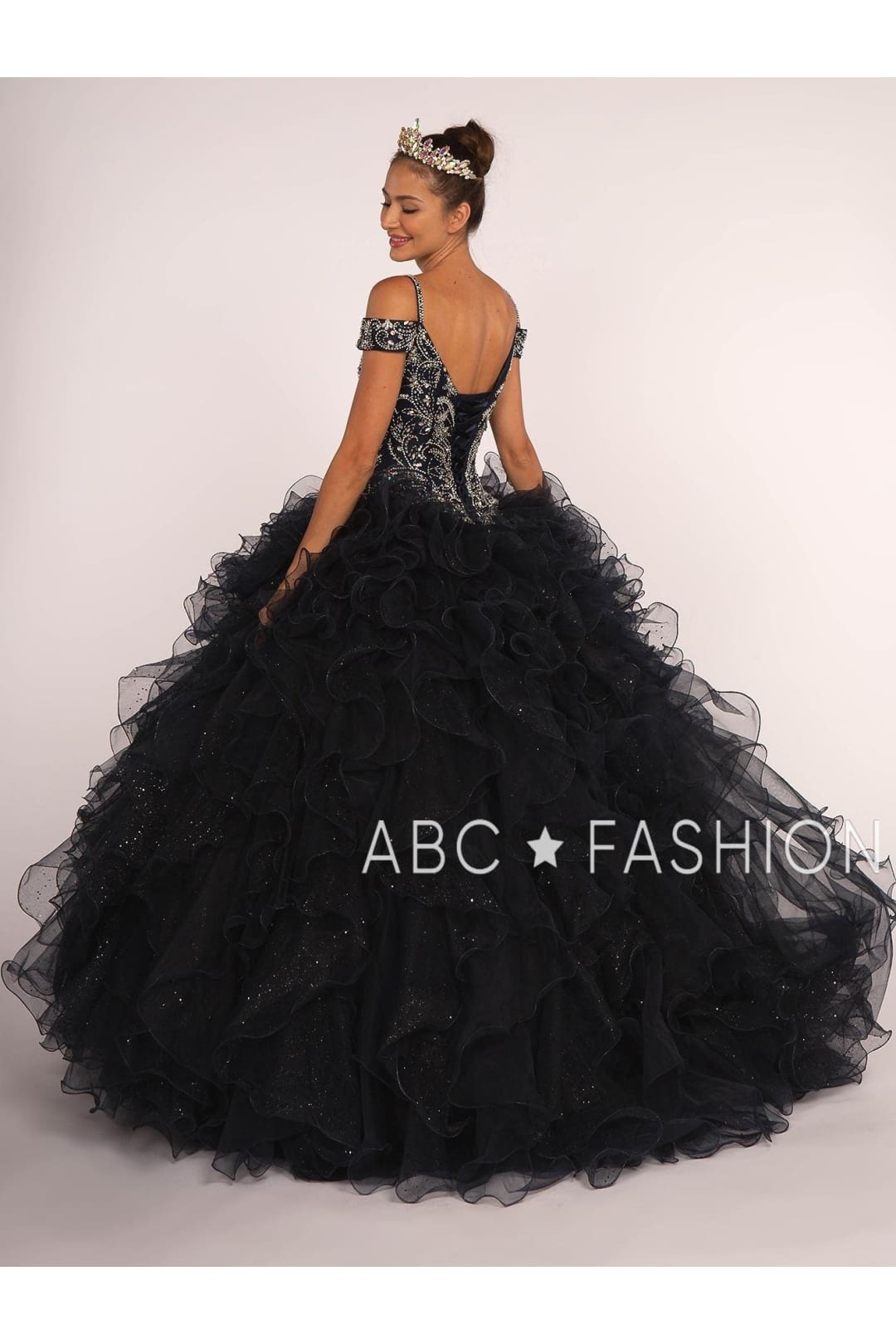 Beaded Cold Shoulder Ball Gown with Ruffled Skirt by Elizabeth K GL2516 - Quinceanera Dresses