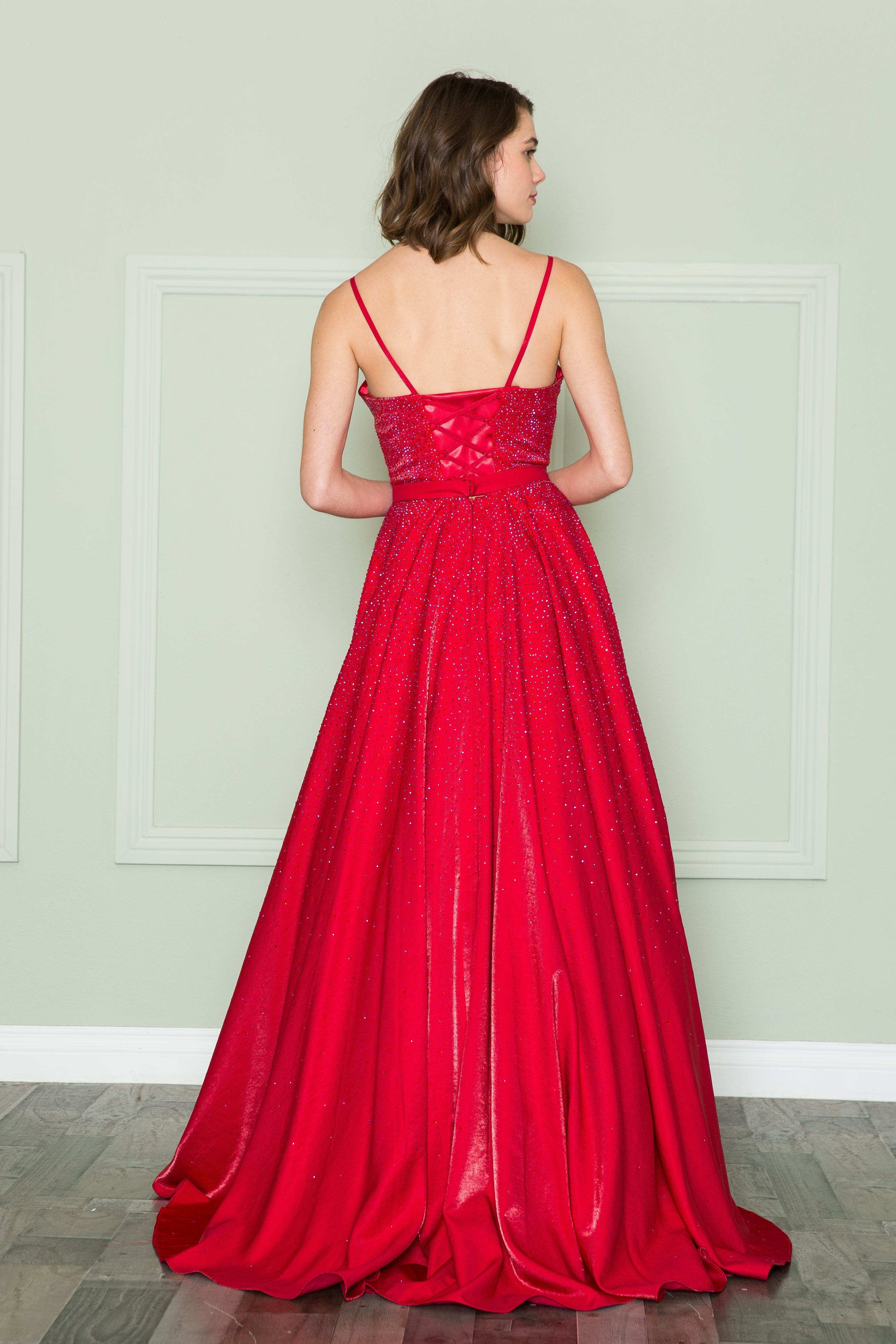 Poly USA 8888 Beaded Deep V-Neck Gown