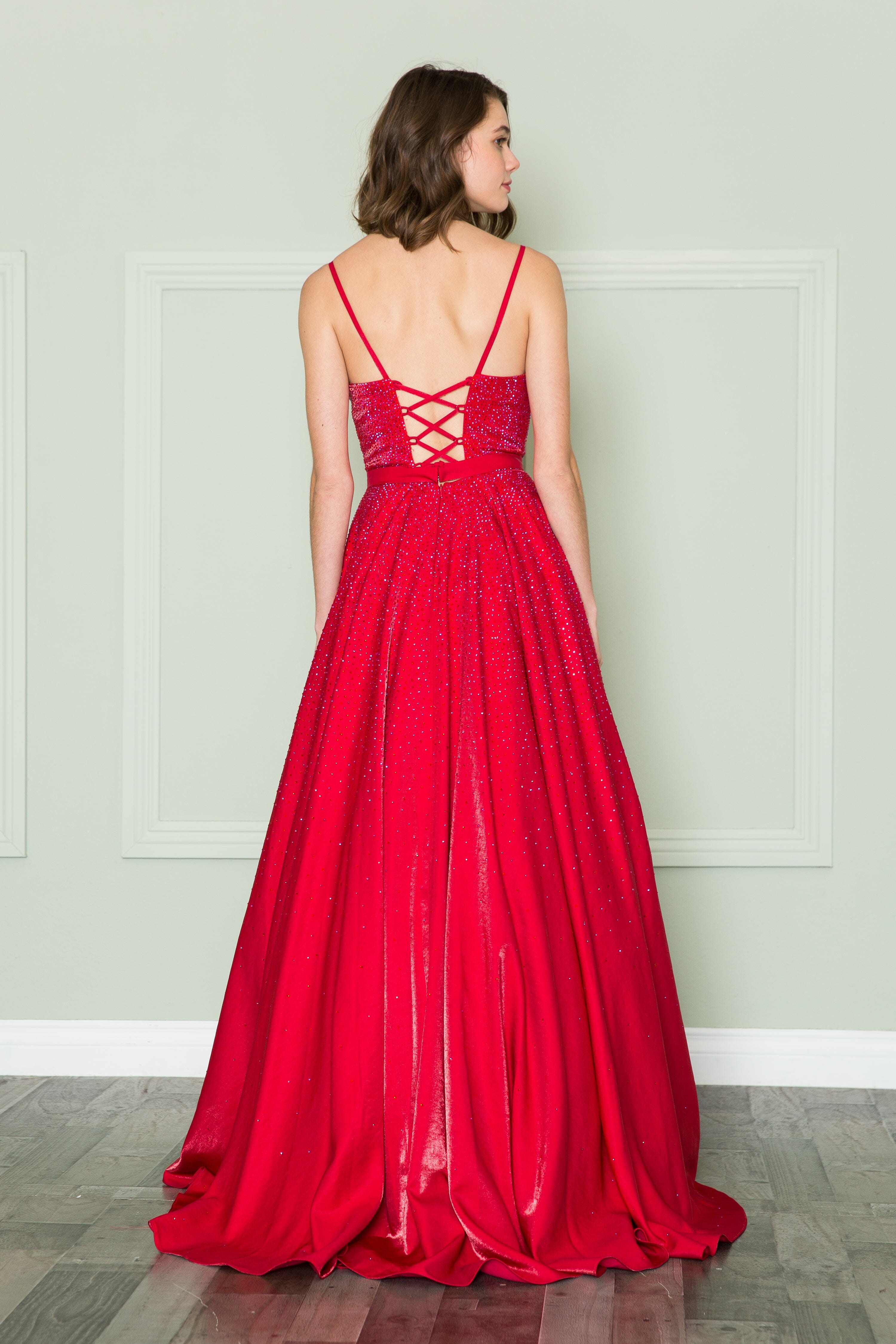 Poly USA 8888 Beaded Deep V-Neck Gown