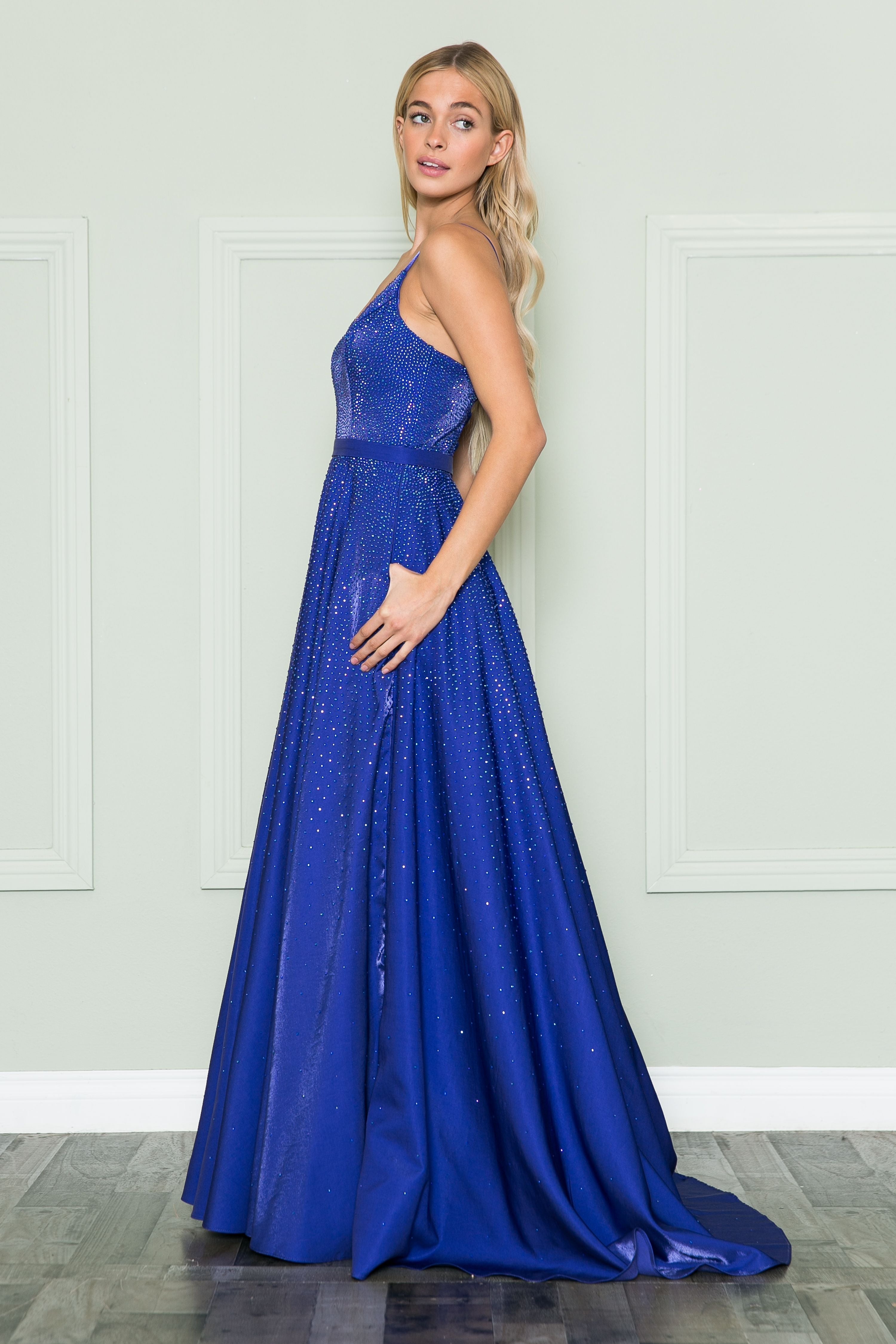 Poly USA 8888 Beaded Deep V-Neck Gown