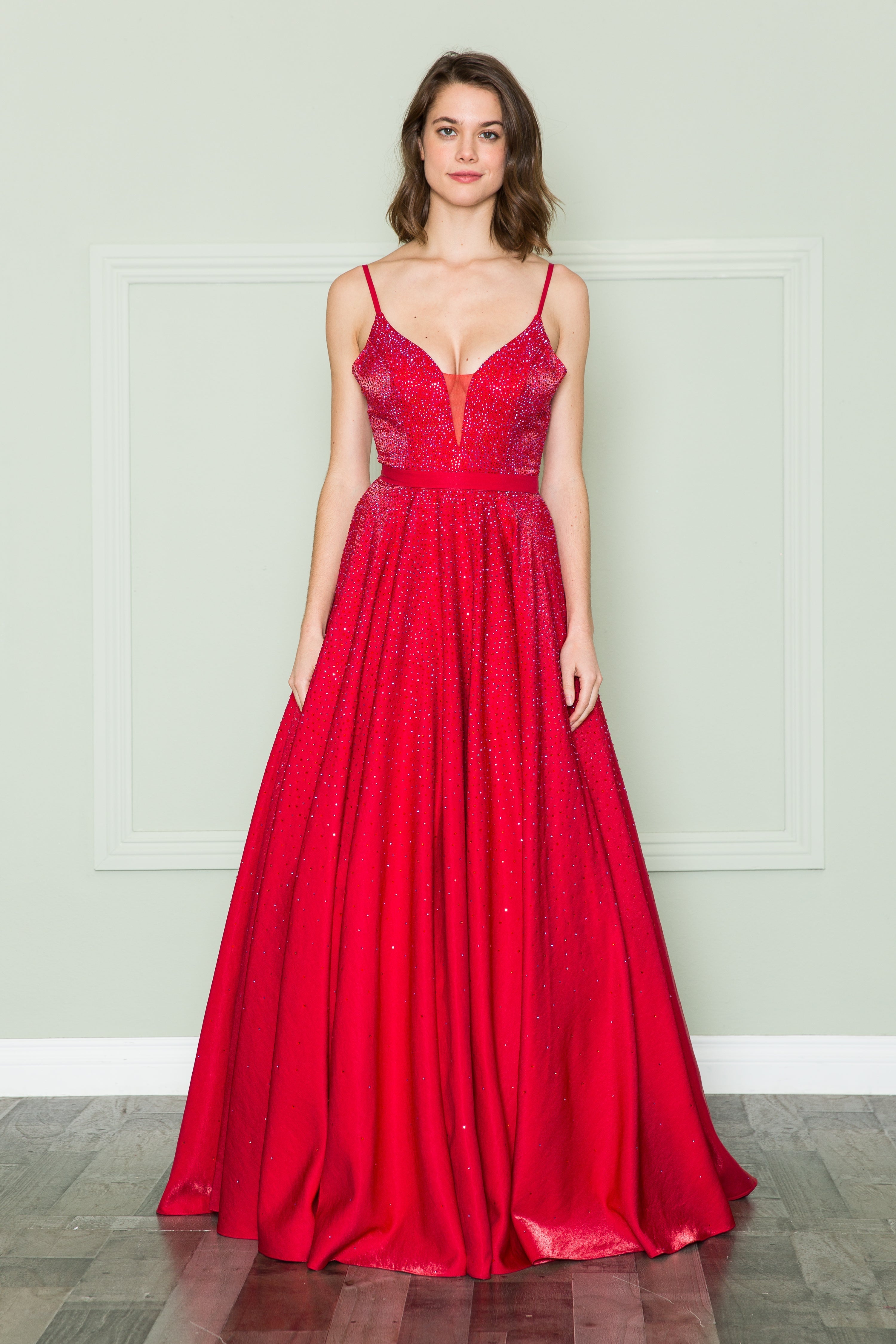 Poly USA 8888 Beaded Deep V-Neck Gown