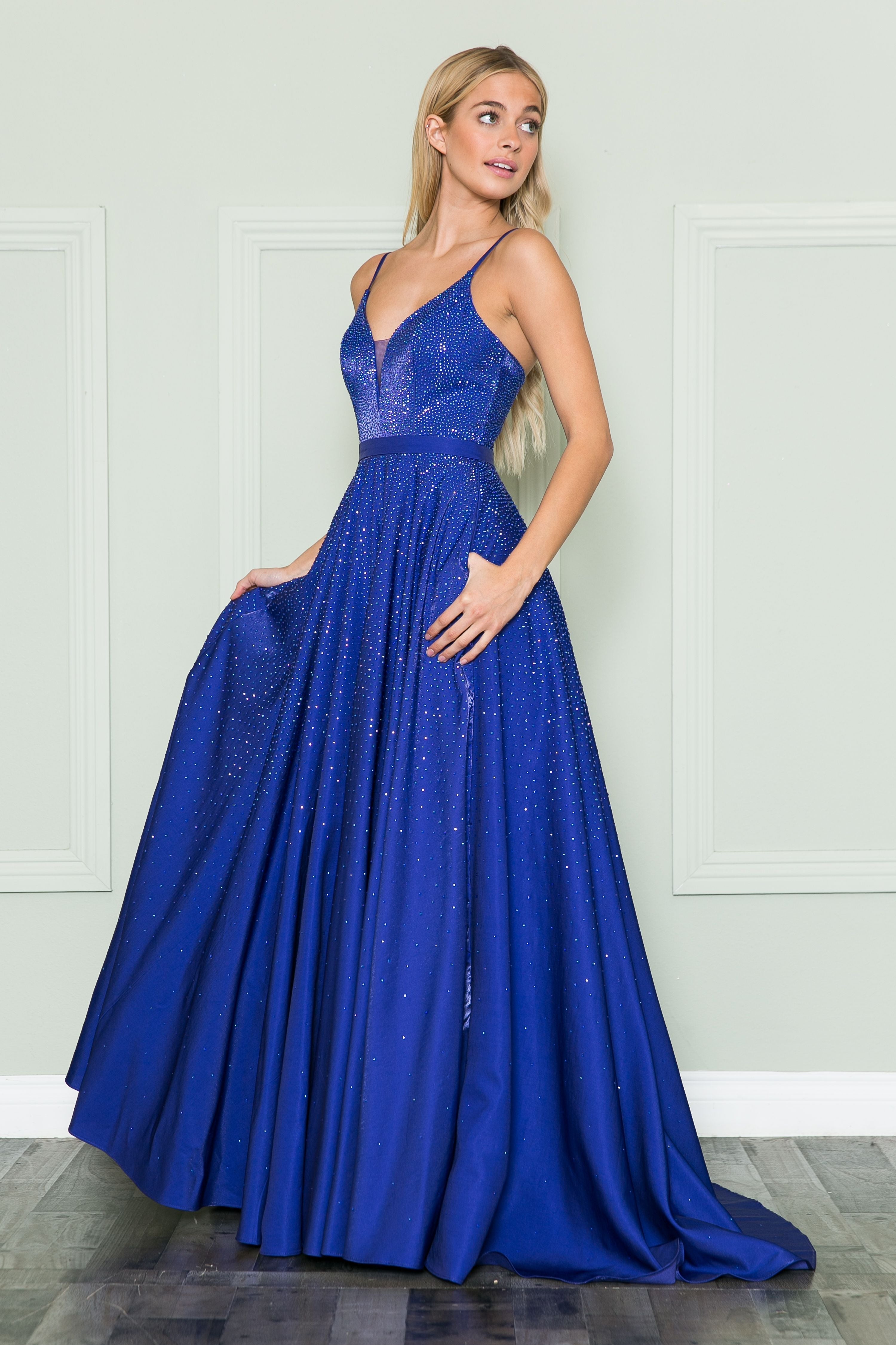 Poly USA 8888 Beaded Deep V-Neck Gown