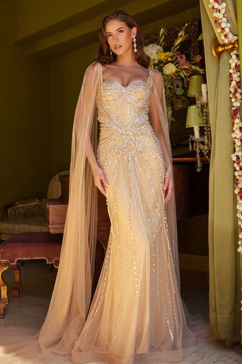 Beaded Fitted Cape Sleeve Gown by GLS Gloria GL3583 - XS / Gold - Long Formal Dresses