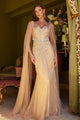 Beaded Fitted Cape Sleeve Gown by GLS Gloria GL3583 - XS / Gold - Long Formal Dresses