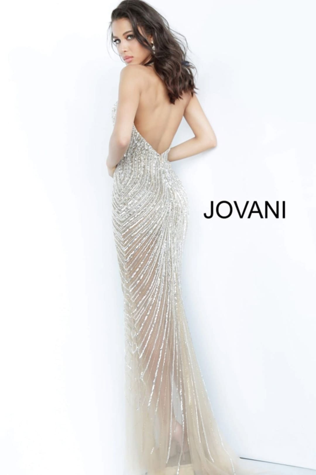 Beaded Fitted Halter Sheer Slit Gown by Jovani 2609 - Long Formal Dresses